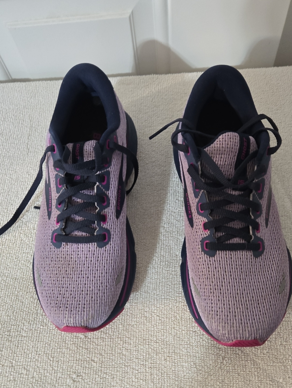 Brooks Ghost Lavender Knit Running Shoes with Navy and Pink Details